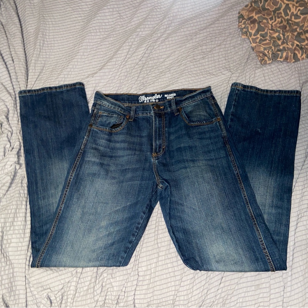 Mens Wrangler Retro Relaxed Bootcut Dark Wash Jeans 32x36